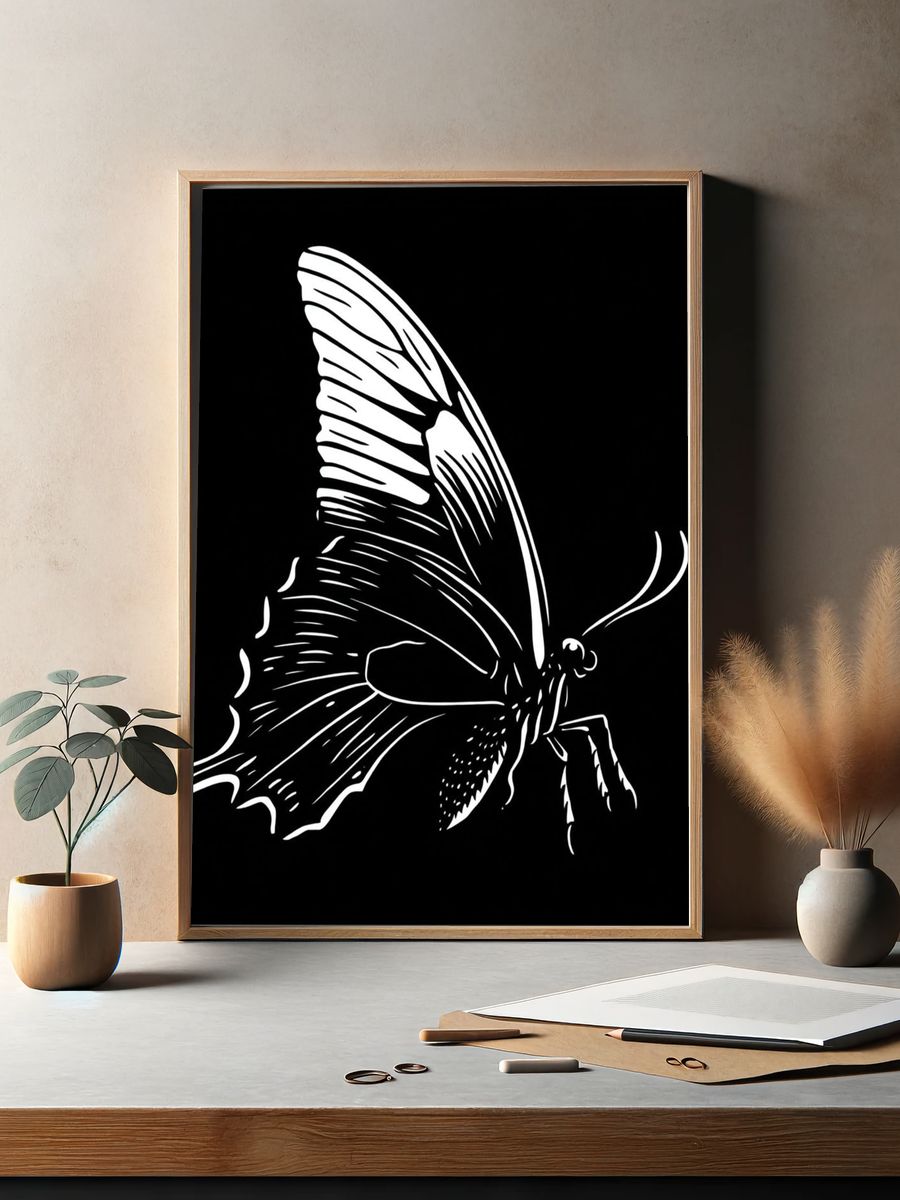 Monochrome Butterfly Line Art Poster. — room view 2