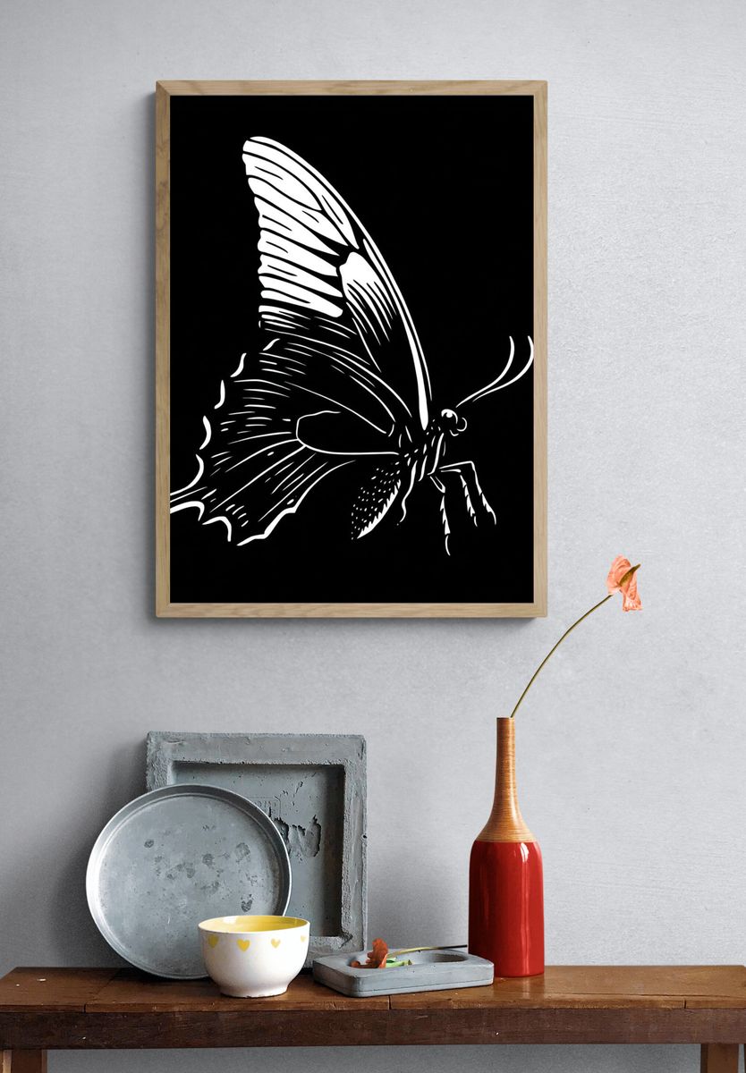 Monochrome Butterfly Line Art Poster. — room view 3