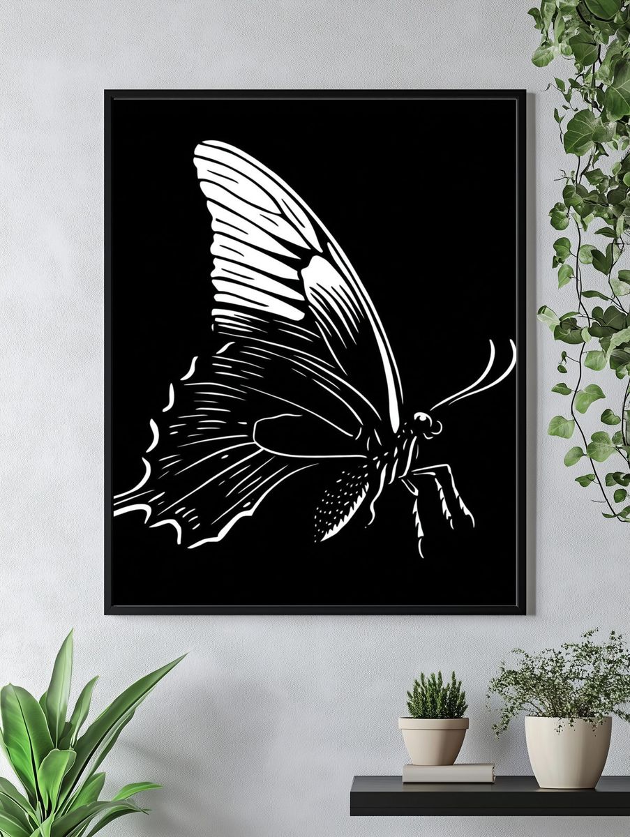 Monochrome Butterfly Line Art Poster. — room view 4