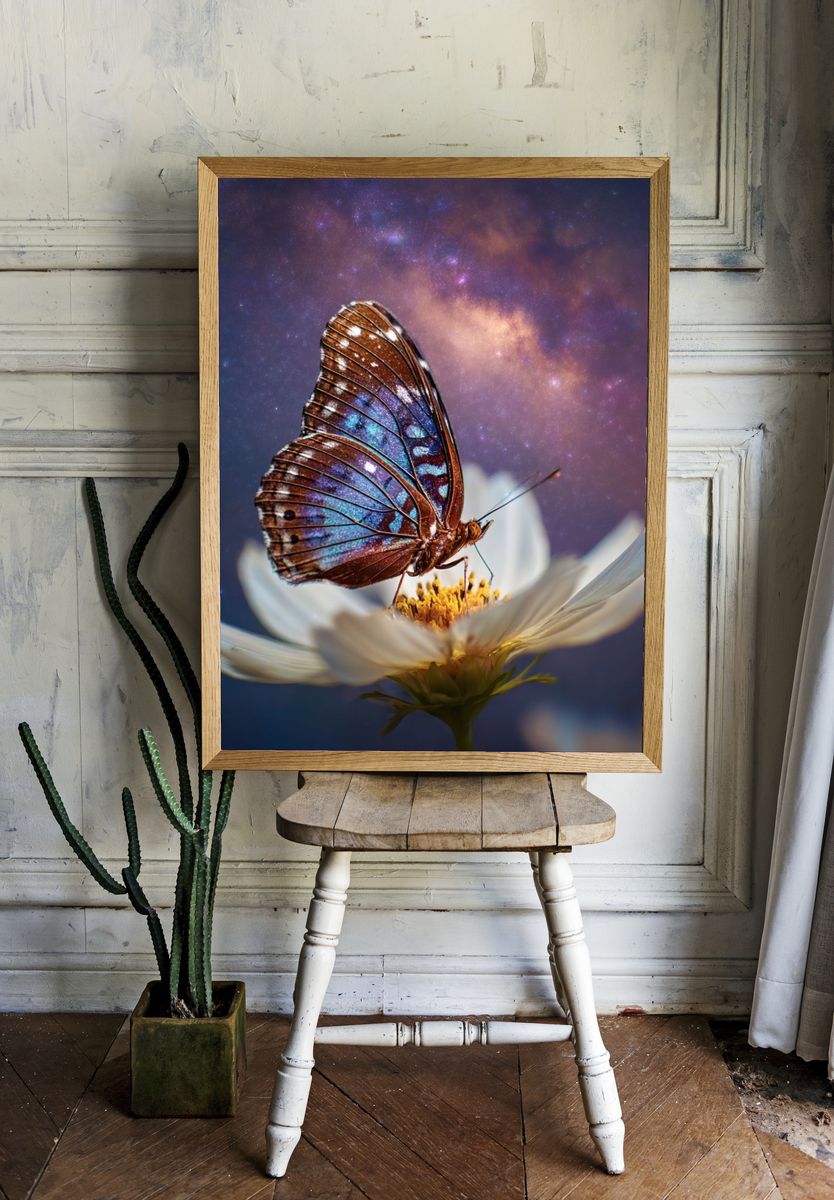 Butterfly on Cosmos Flower Photography Poster. room preview