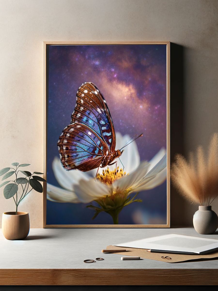Butterfly on Cosmos Flower Photography Poster. — room view 2