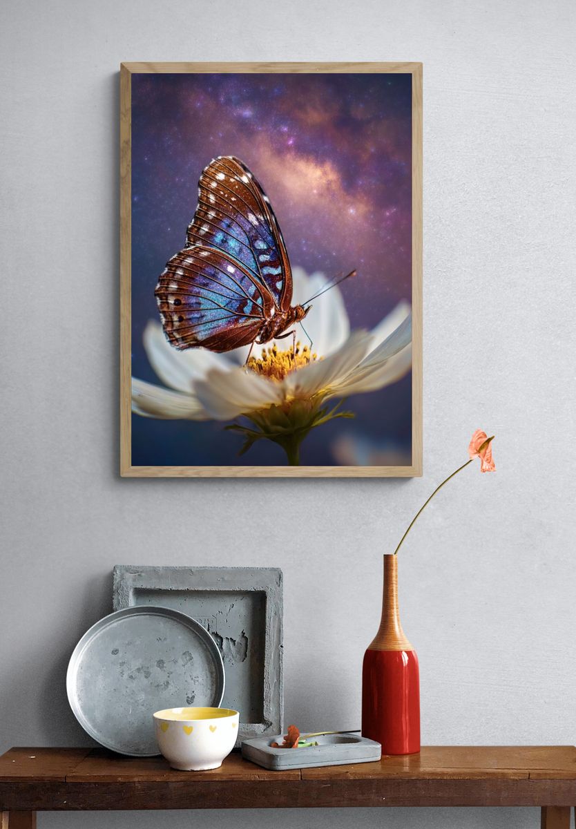 Butterfly on Cosmos Flower Photography Poster. — room view 3