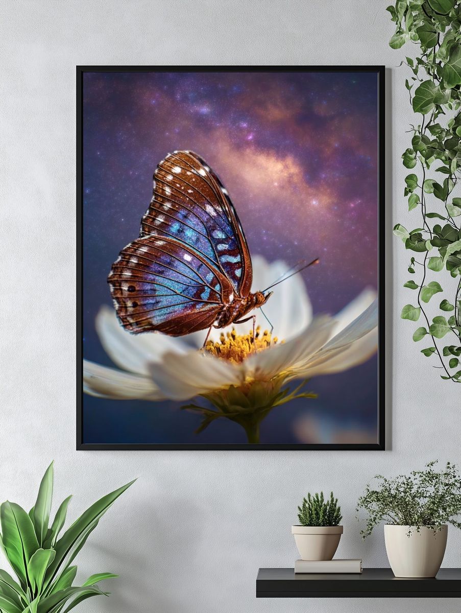 Butterfly on Cosmos Flower Photography Poster. — room view 4