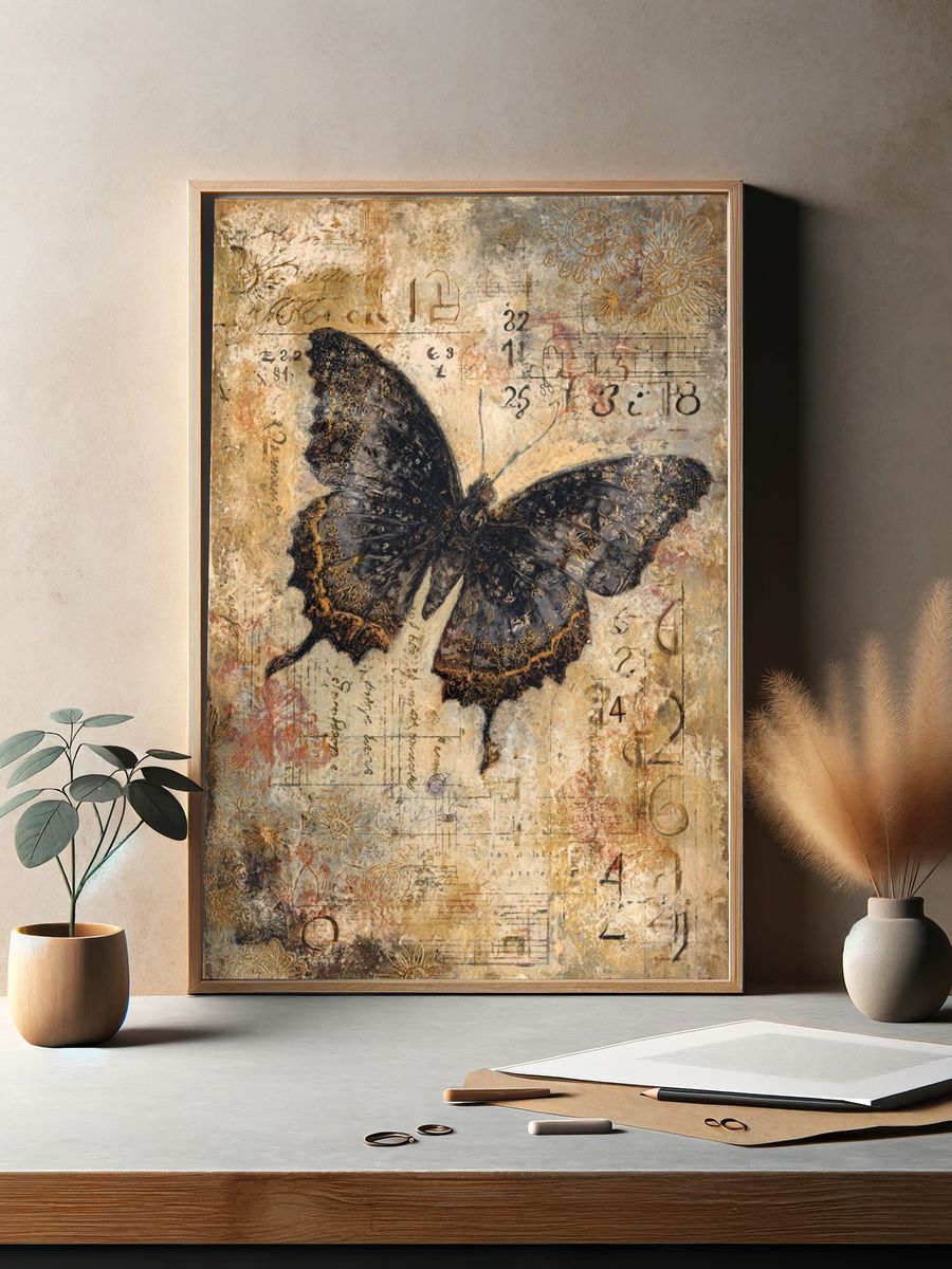 Butterfly Collage Vintage Print. — room view 2