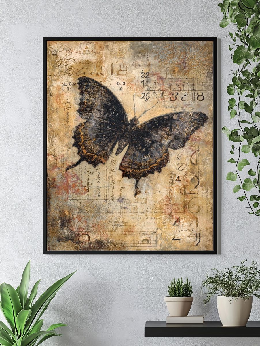 Butterfly Collage Vintage Print. — room view 4