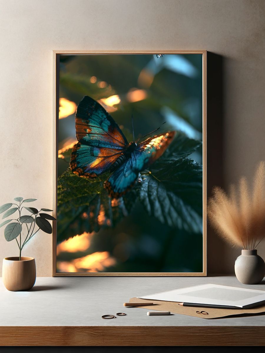 Butterfly on Leaves Photography Poster. — room view 2