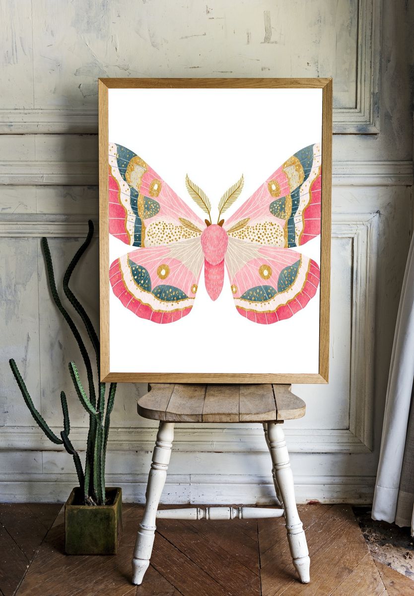 Pink Butterfly Watercolor Print. room preview