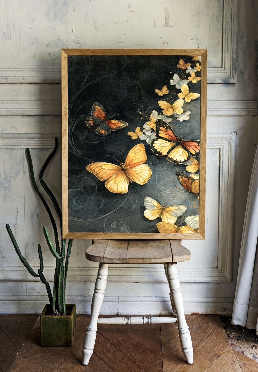Golden Butterflies Watercolor Poster. — room view 1