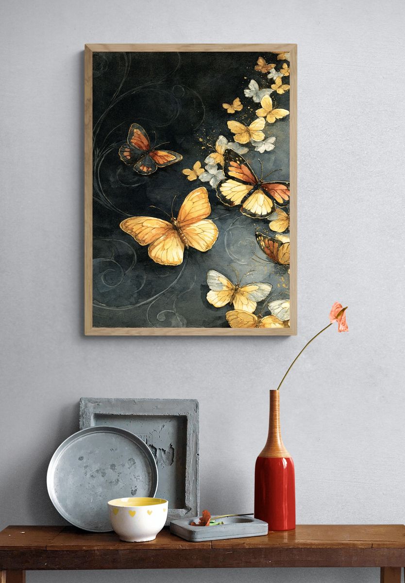 Golden Butterflies Watercolor Poster. — room view 3