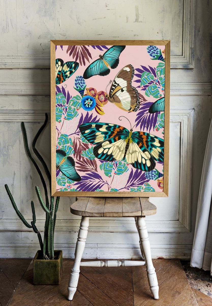 Exotic botanical butterfly background, vintage. room preview