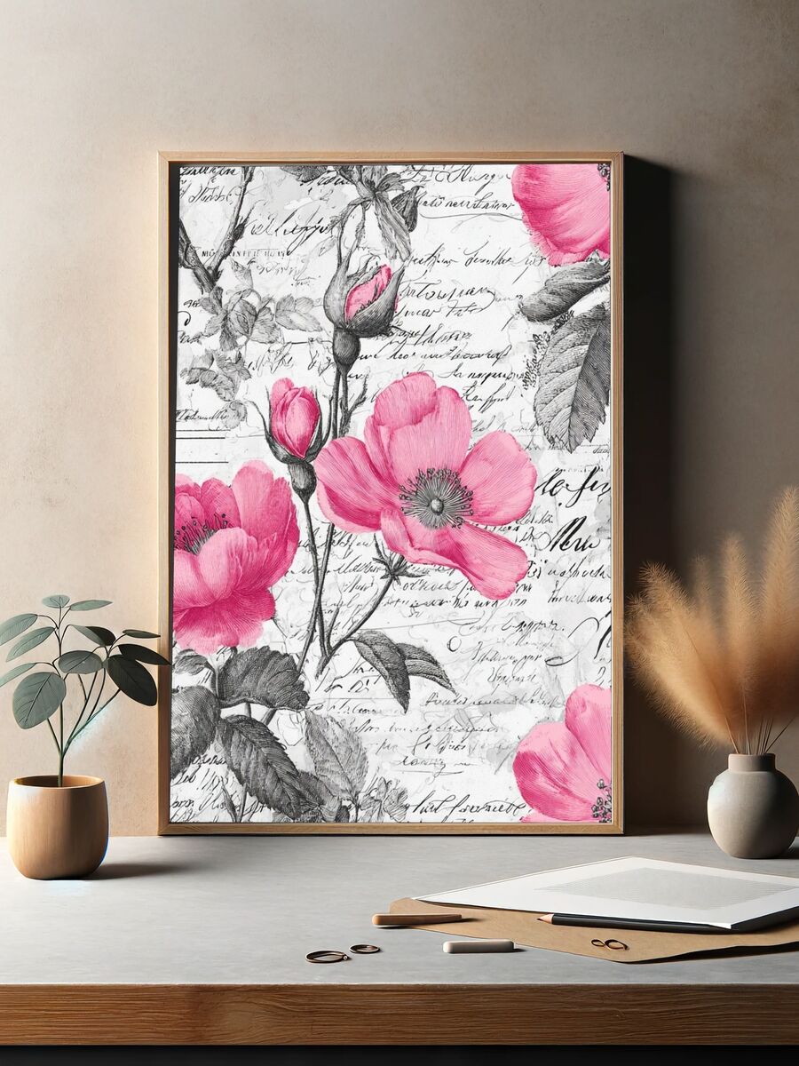 Pink Floral Vintage Poster. — room view 2