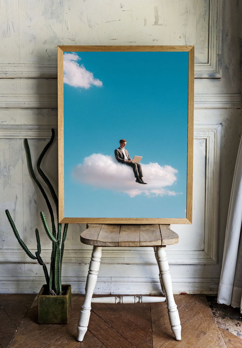Businessman Working on Cloud — Surreal Print. — room view 1