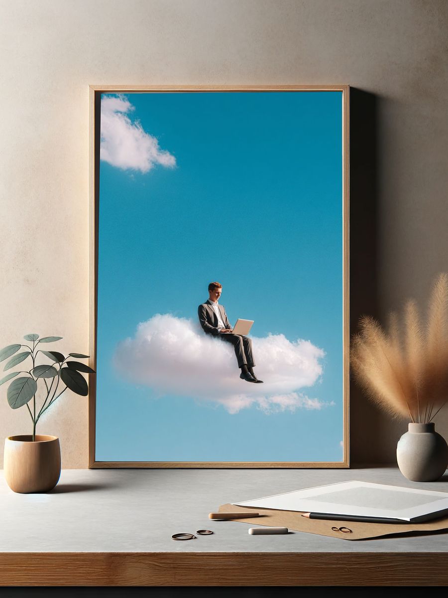Businessman Working on Cloud — Surreal Print. — room view 2