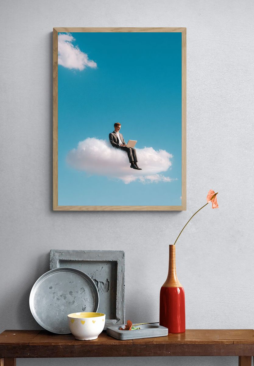 Businessman Working on Cloud — Surreal Print. — room view 3