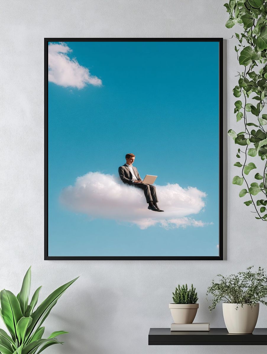 Businessman Working on Cloud — Surreal Print. — room view 4