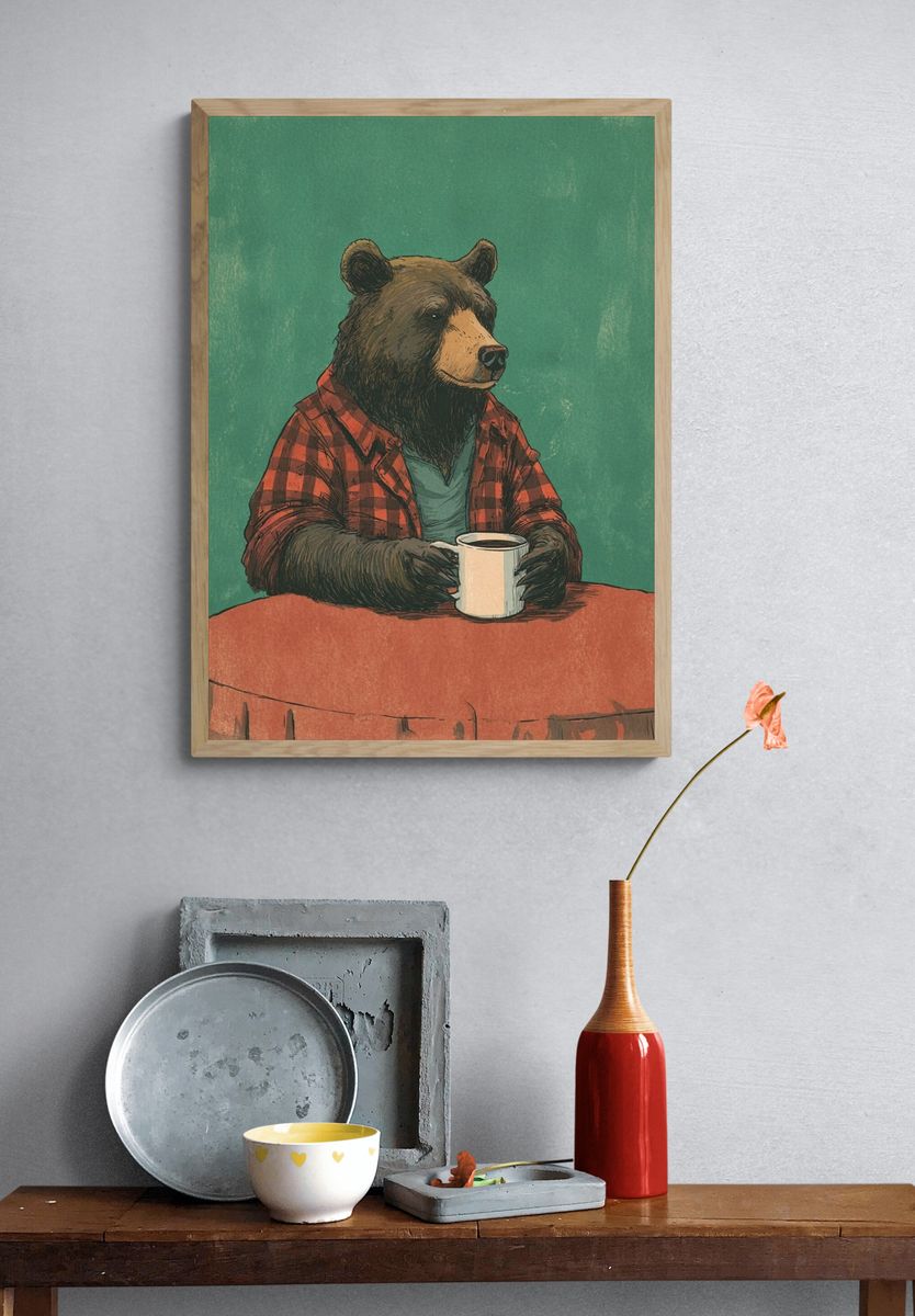Bear with Coffee — Illustration Print. — room view 3