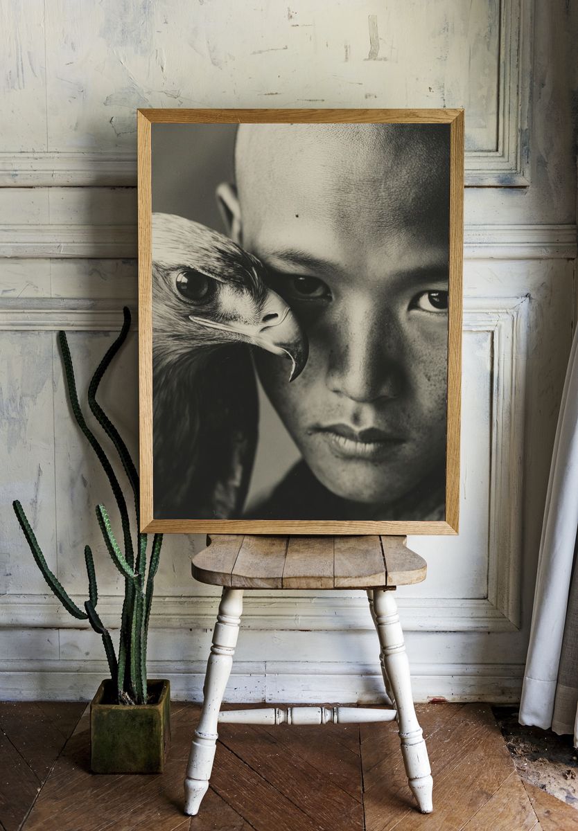 Boy with Eagle — Black and White Photography Print. — room view 1