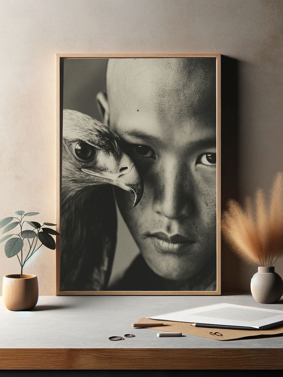 Boy with Eagle — Black and White Photography Print. — room view 2