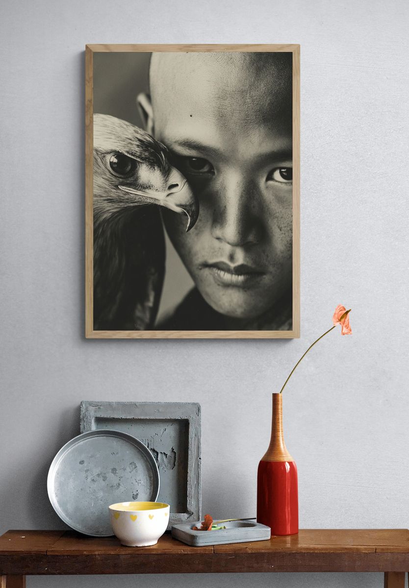 Boy with Eagle — Black and White Photography Print. — room view 3
