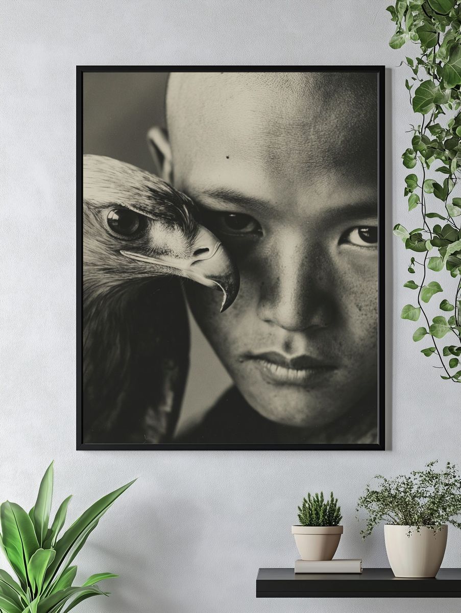 Boy with Eagle — Black and White Photography Print. — room view 4