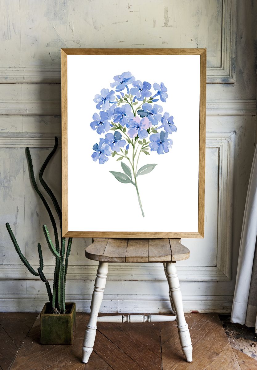 Blue Wildflower Watercolor Print. room preview