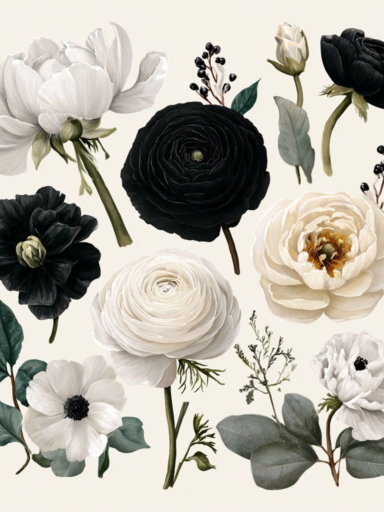 Black and White Floral Illustration Poster. poster detail