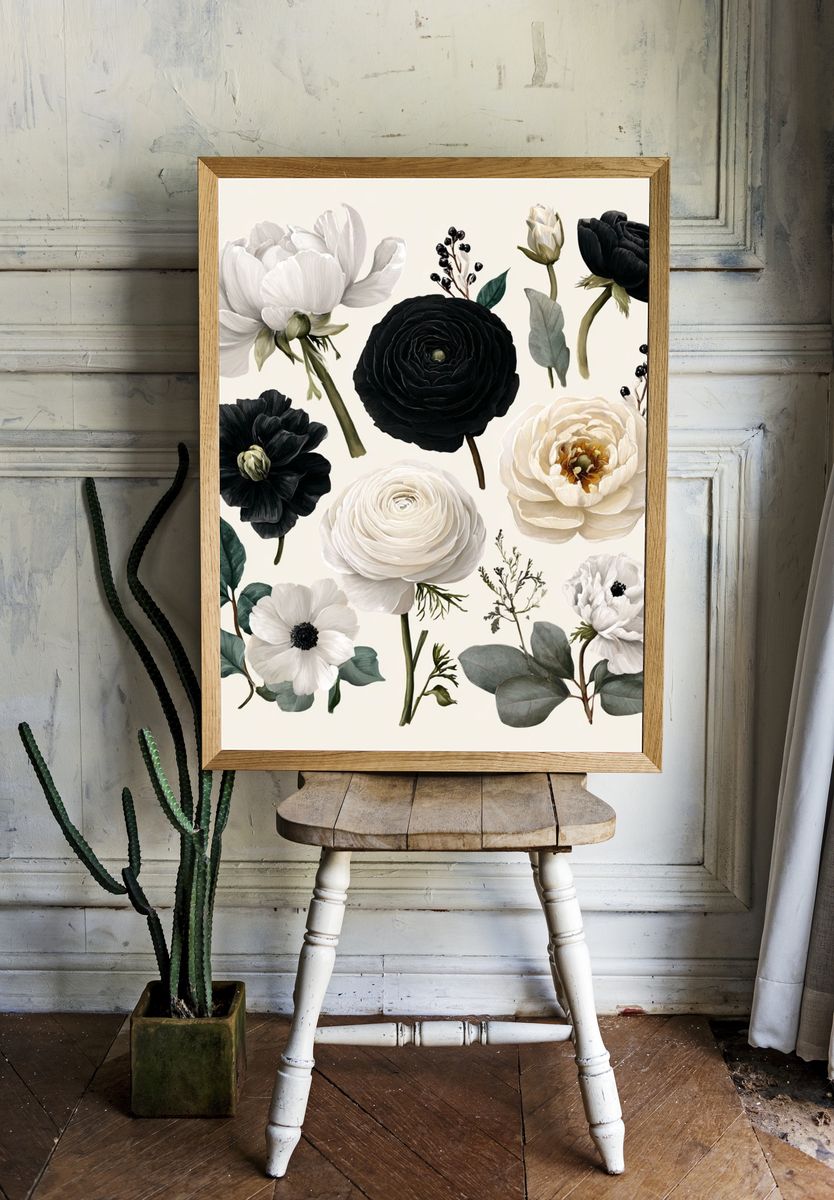 Black and White Floral Illustration Poster. — room view 1