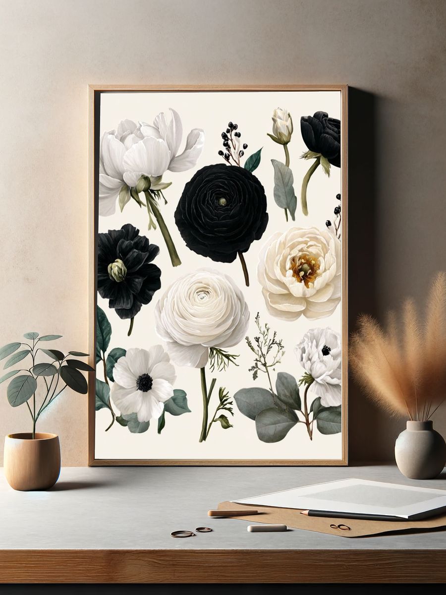 Black and White Floral Illustration Poster. — room view 2