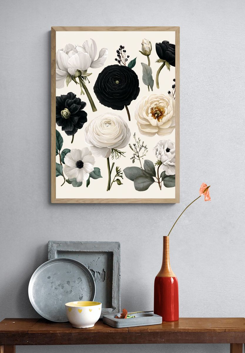 Black and White Floral Illustration Poster. — room view 3