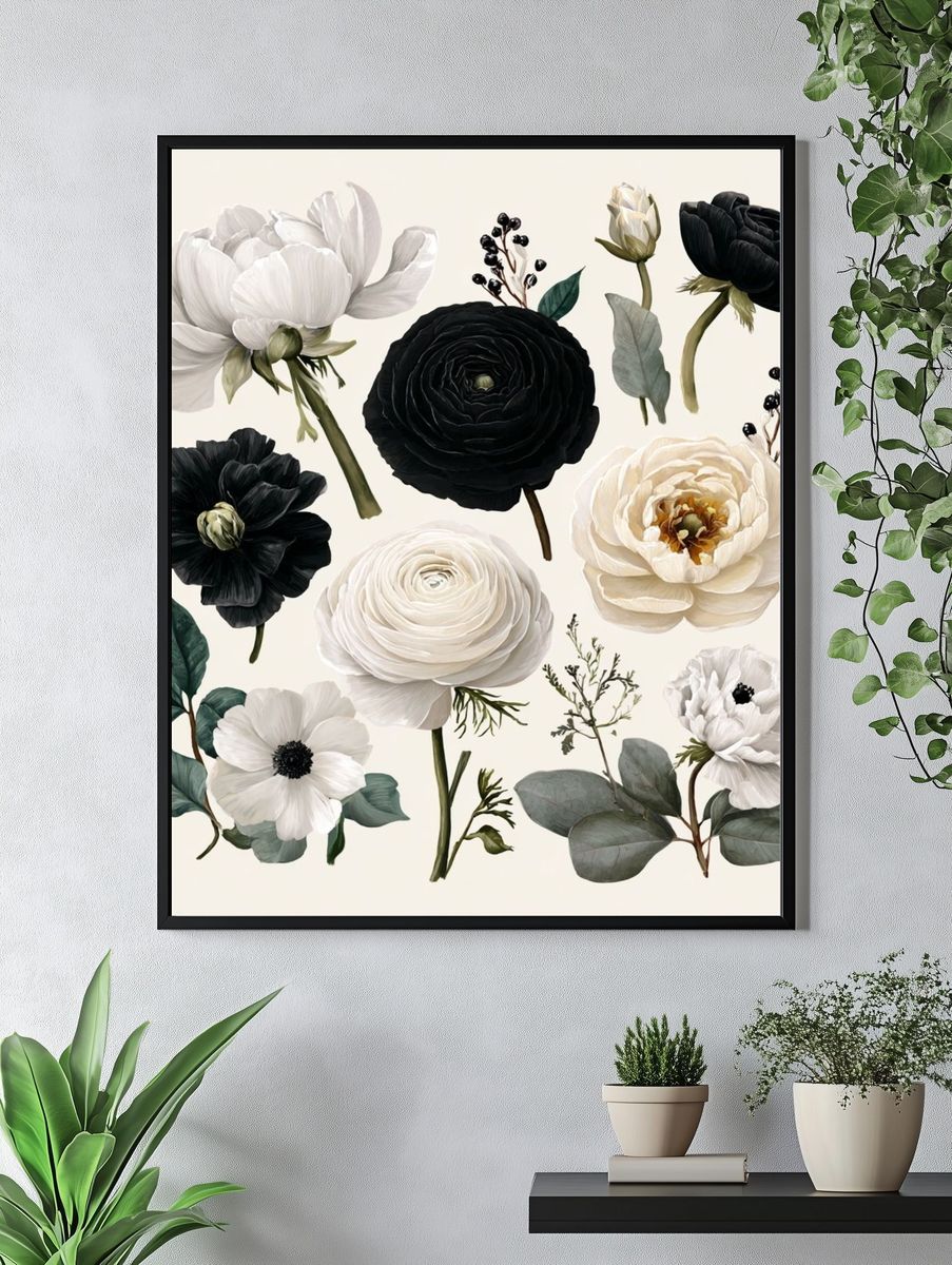 Black and White Floral Illustration Poster. — room view 4