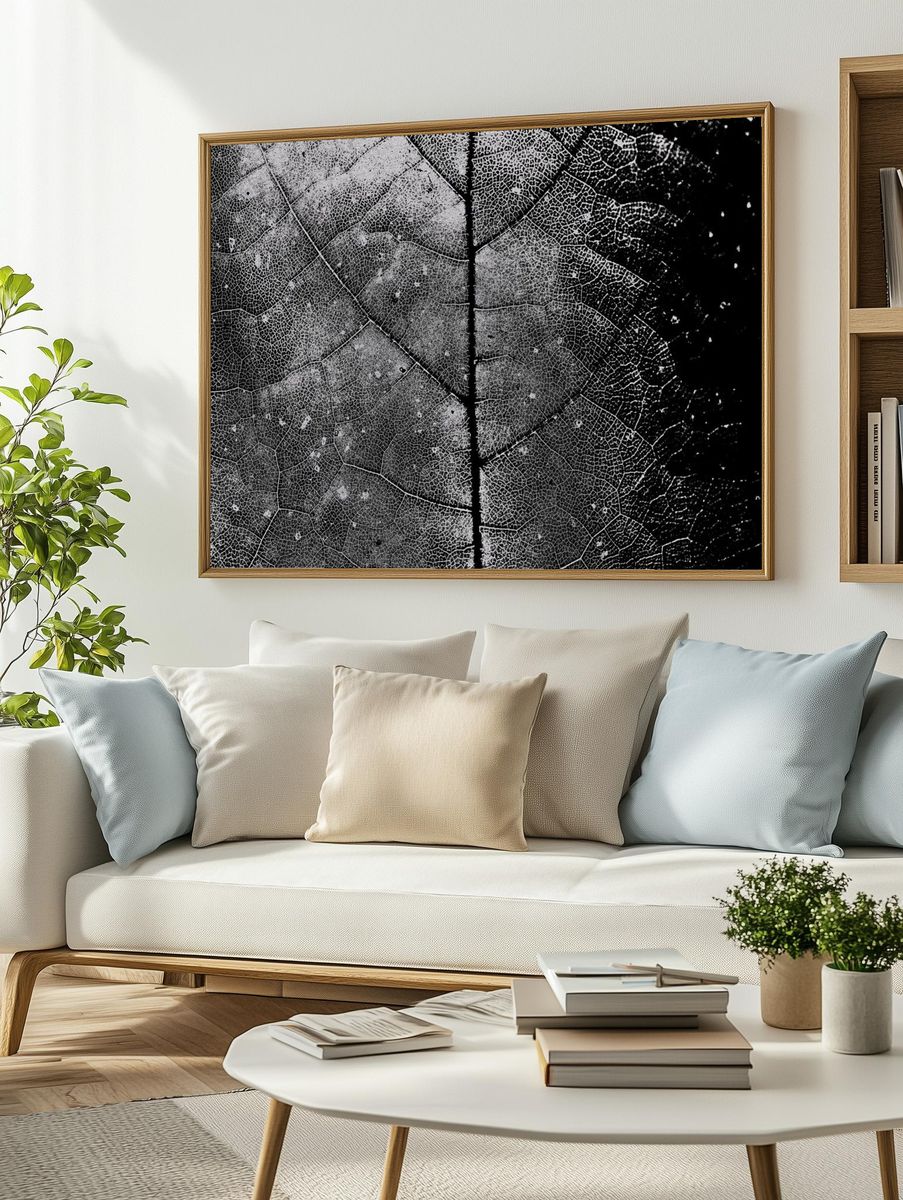 Black and White Leaf Texture Poster. — room view 2