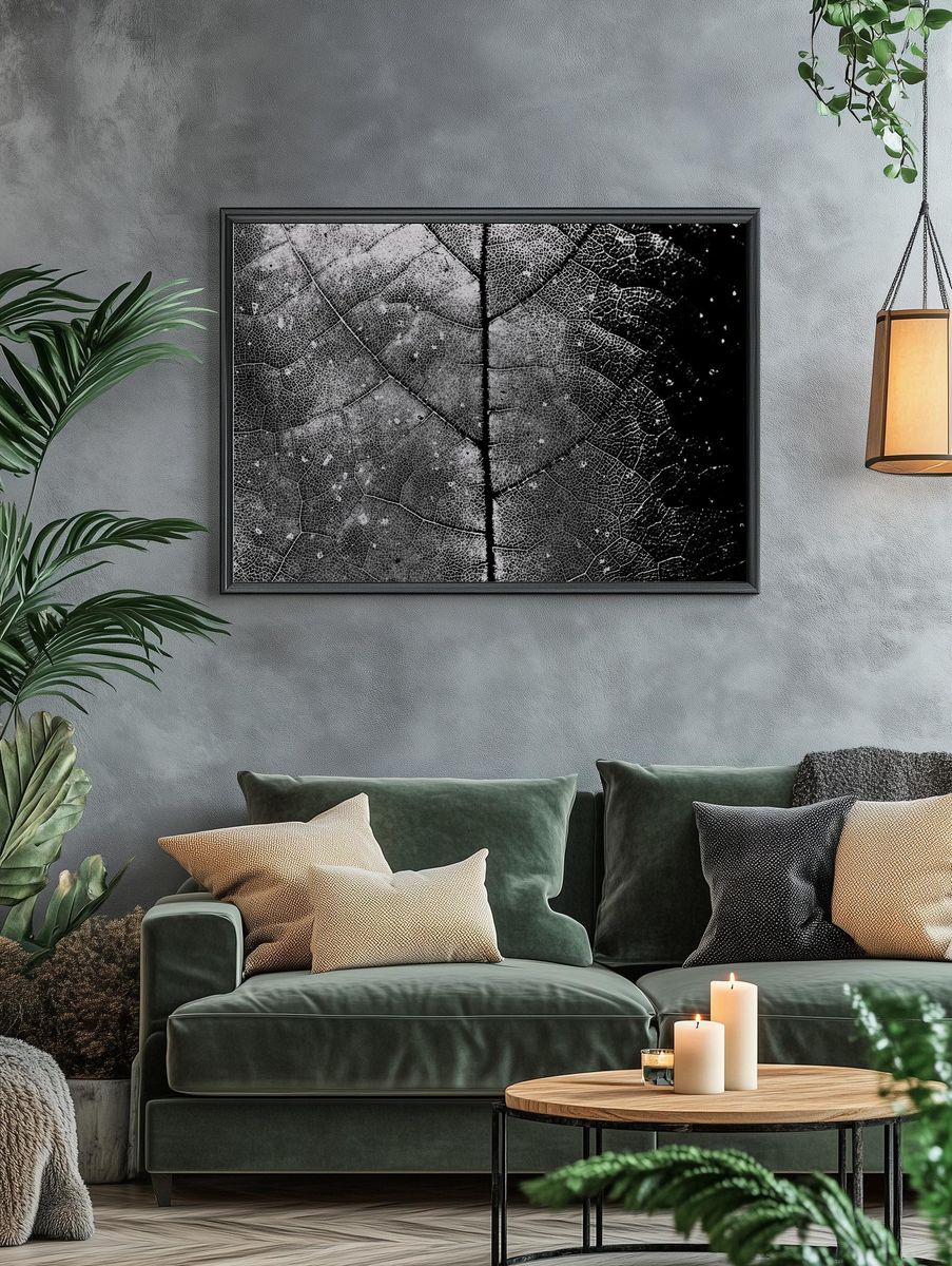 Black and White Leaf Texture Poster. — room view 4