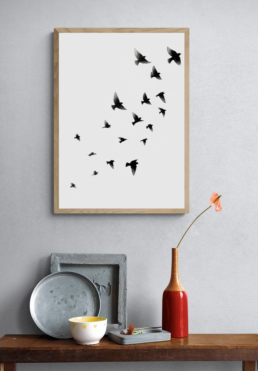 Flock of Birds — Black-White Print. — room view 3