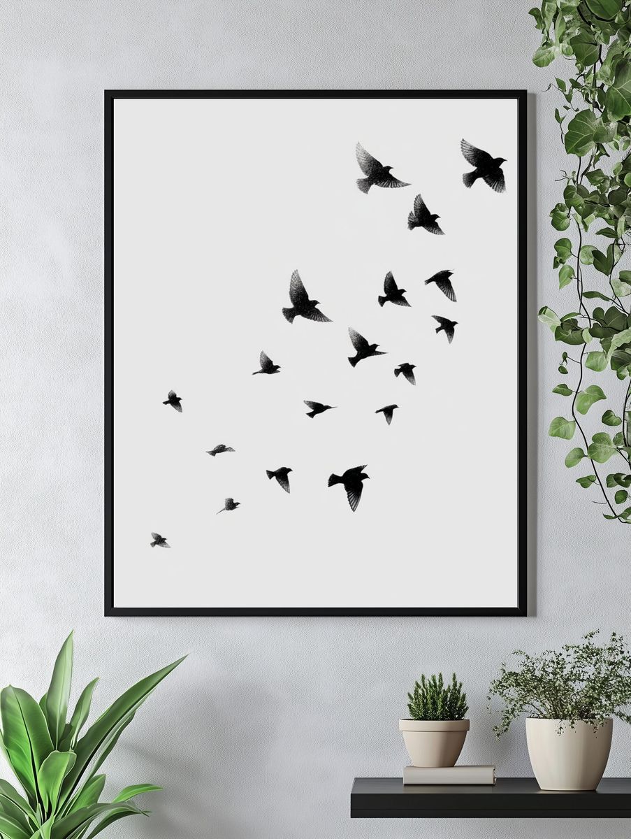 Flock of Birds — Black-White Print. — room view 4
