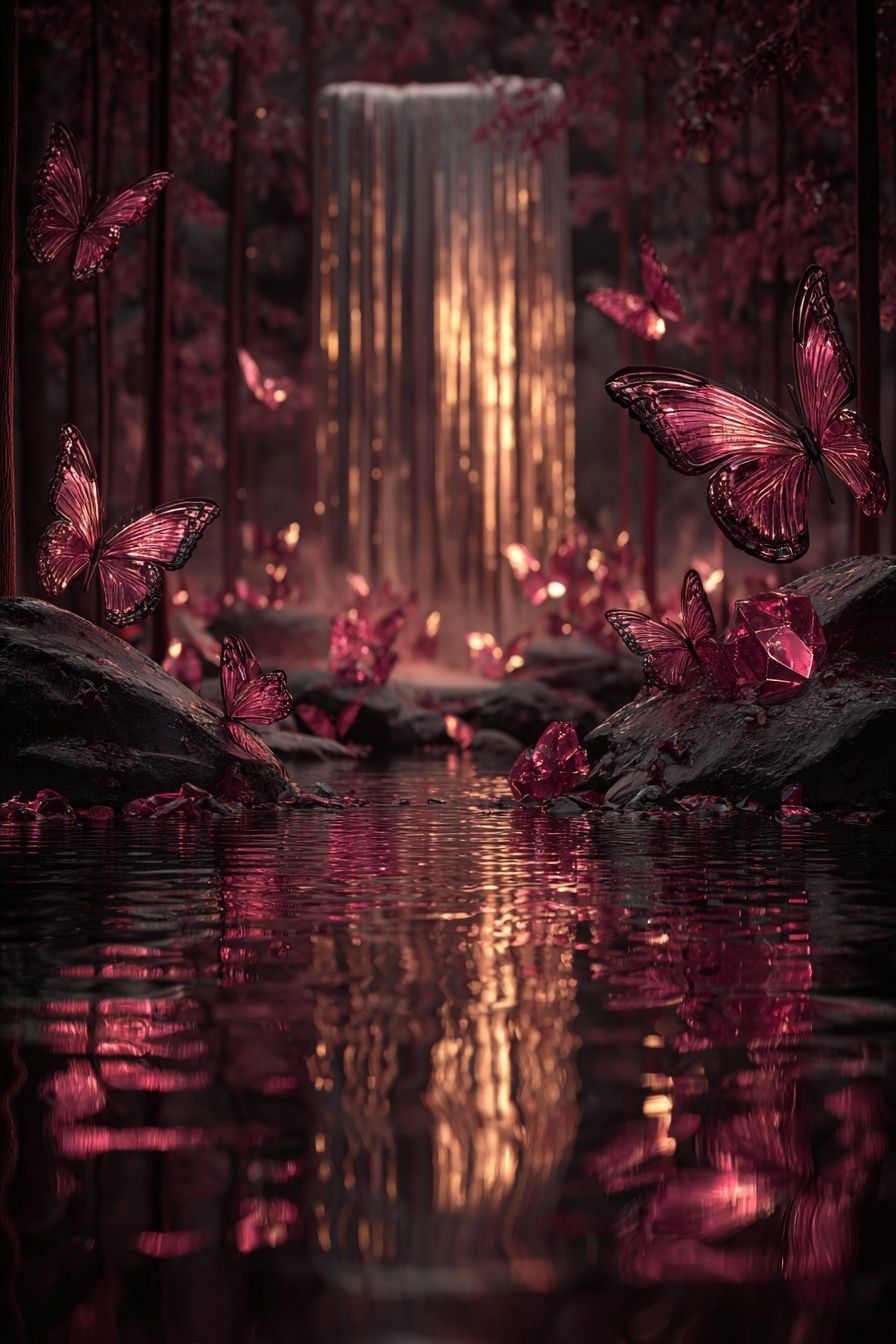 Butterflies and Waterfall — Fantasy Print. poster detail