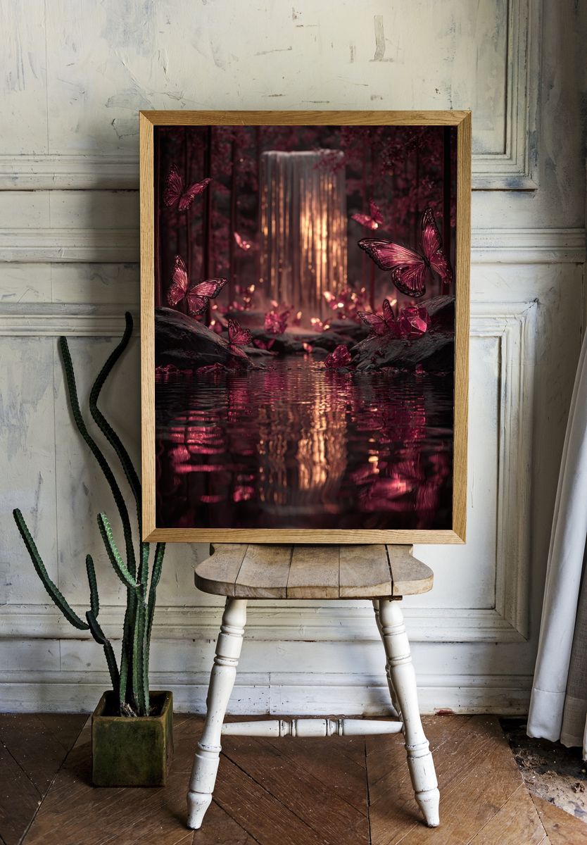 Butterflies and Waterfall — Fantasy Print. — room view 1