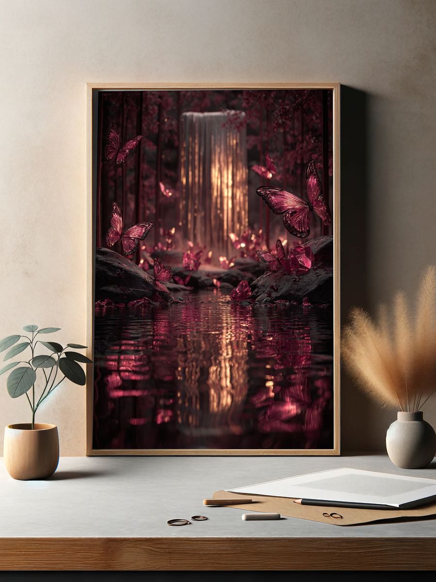 Butterflies and Waterfall — Fantasy Print. — room view 2