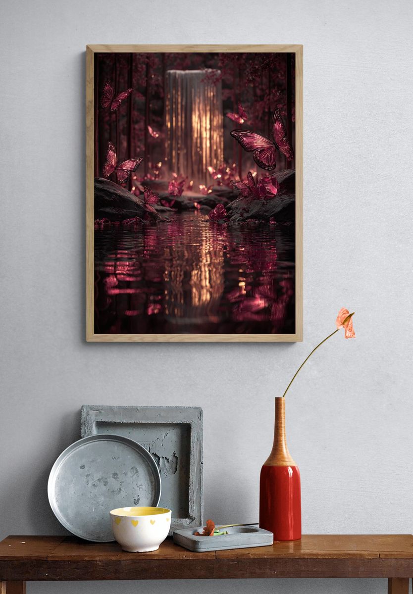 Butterflies and Waterfall — Fantasy Print. — room view 3