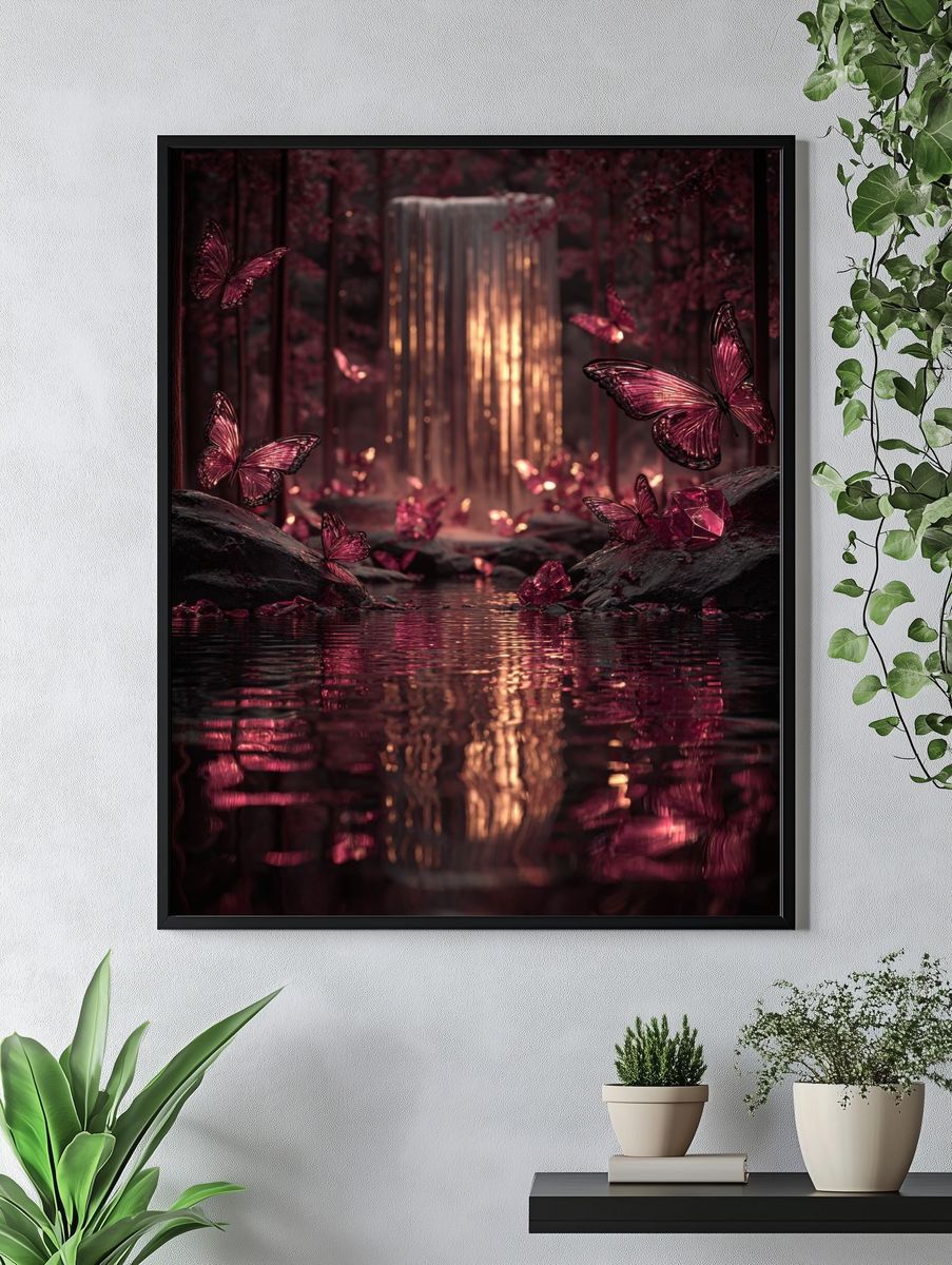 Butterflies and Waterfall — Fantasy Print. — room view 4