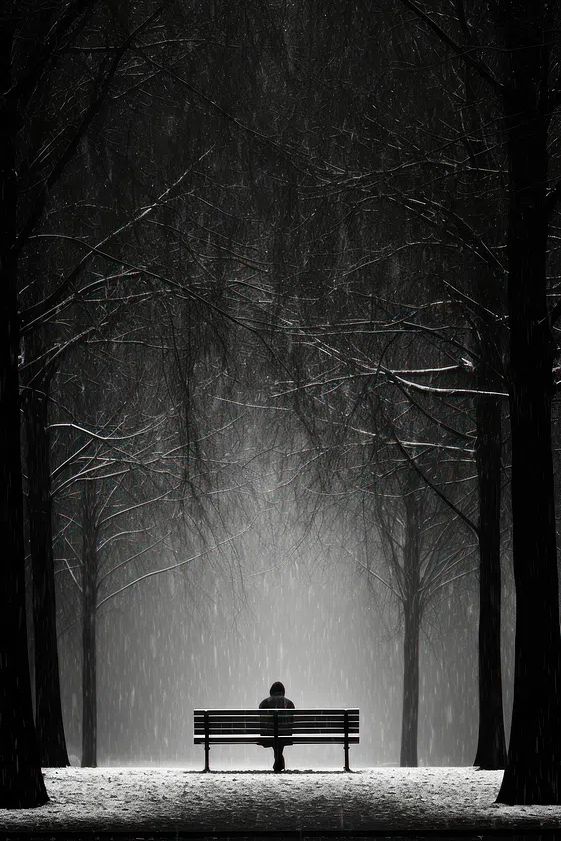 Solitary Figure in Snowy Park — Black-White Print. poster detail