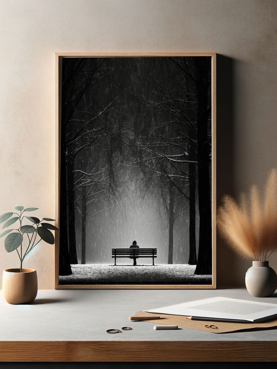 Solitary Figure in Snowy Park — Black-White Print. — room view 2