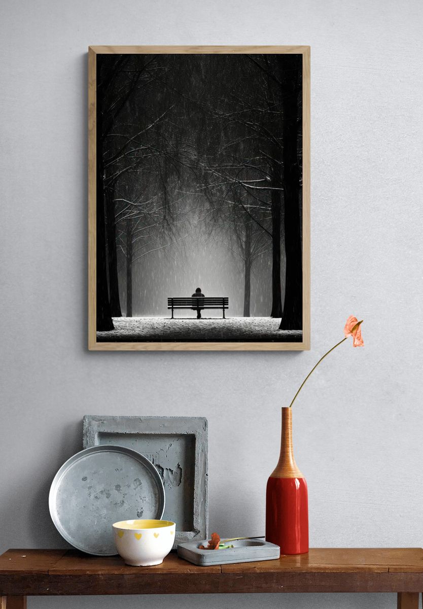 Solitary Figure in Snowy Park — Black-White Print. — room view 3
