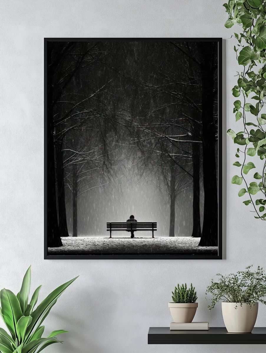 Solitary Figure in Snowy Park — Black-White Print. — room view 4