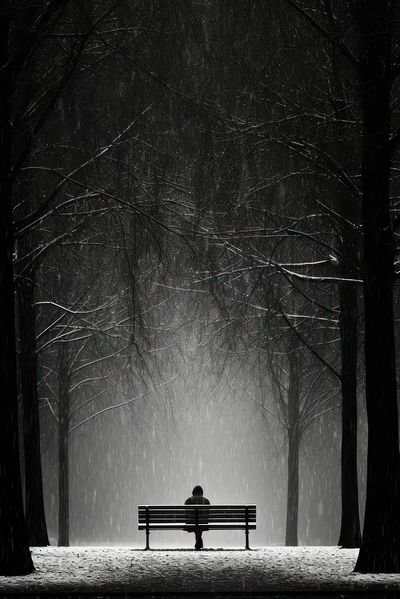 Solitary Figure in Snowy Park — Black-White Print. poster