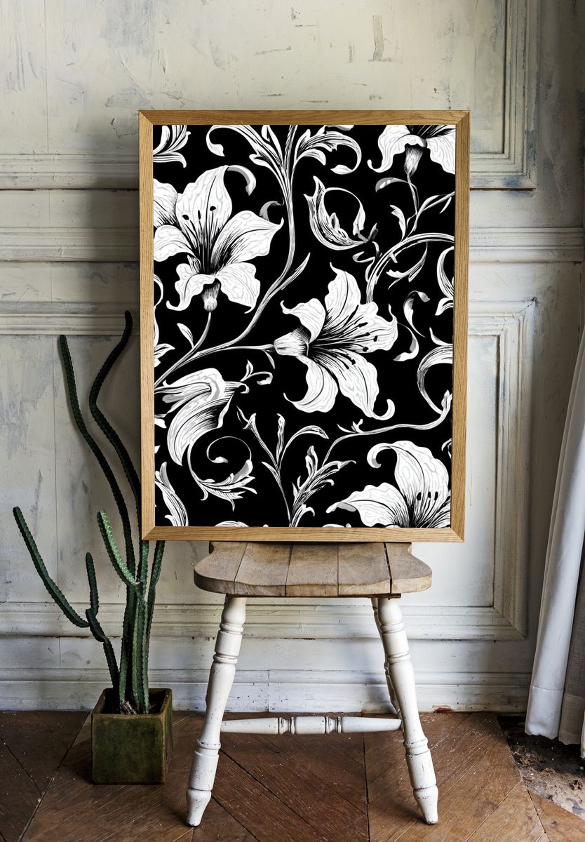 Floral Black and White Poster. — room view 1