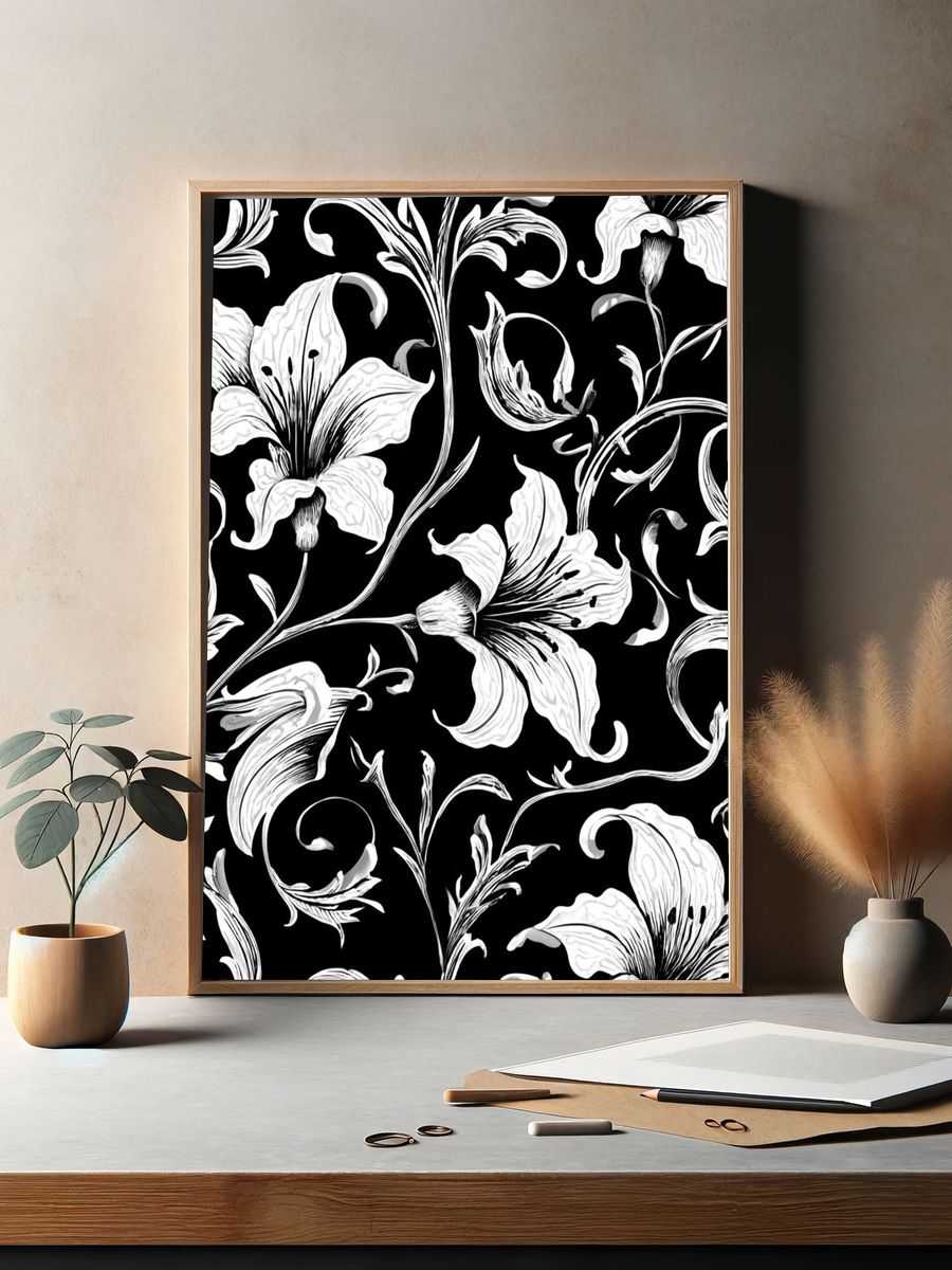 Floral Black and White Poster. — room view 2
