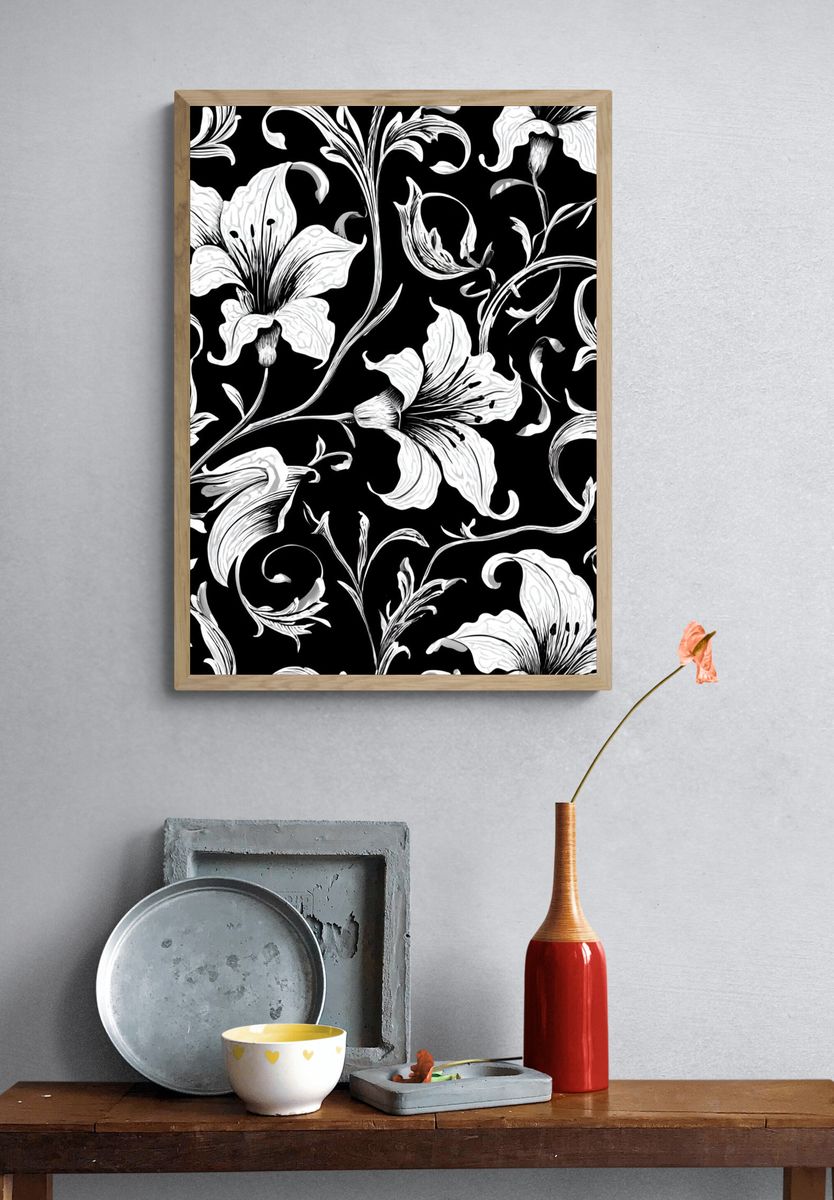 Floral Black and White Poster. — room view 3