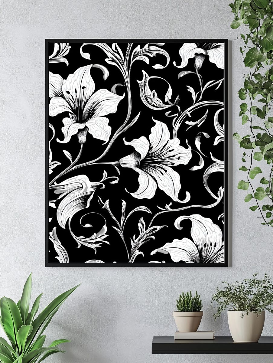 Floral Black and White Poster. — room view 4