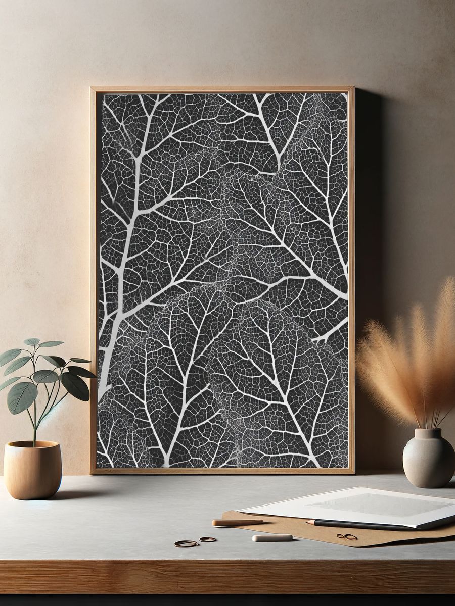 Black and White Leaf Pattern Poster. — room view 2