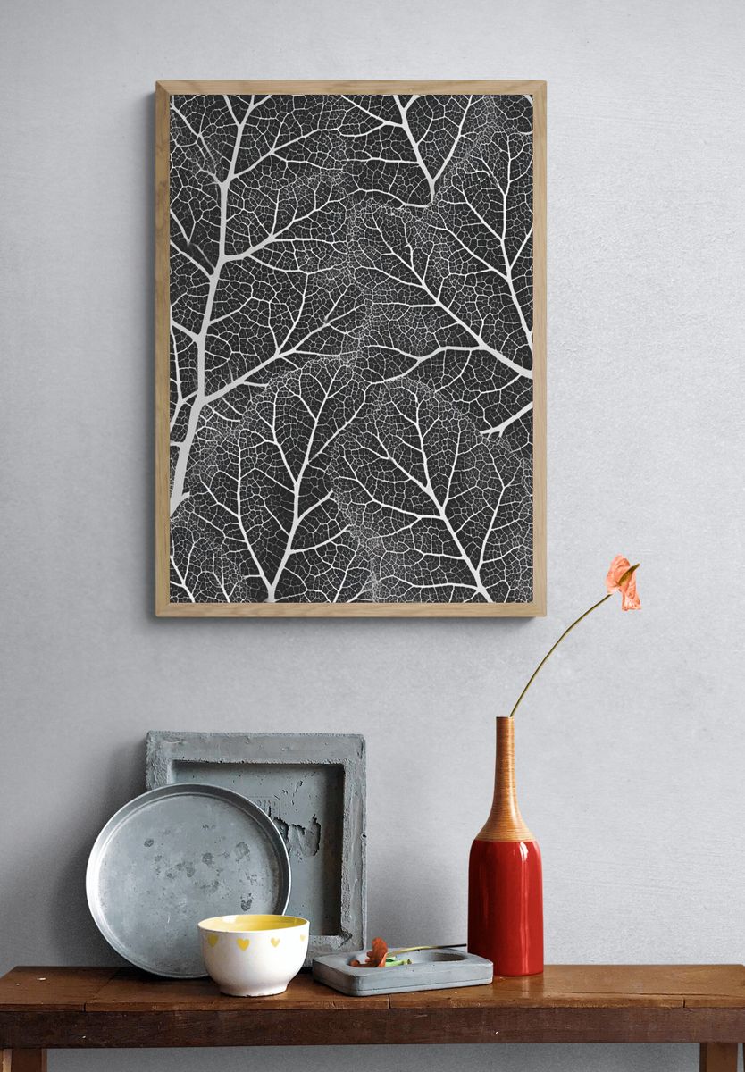 Black and White Leaf Pattern Poster. — room view 3